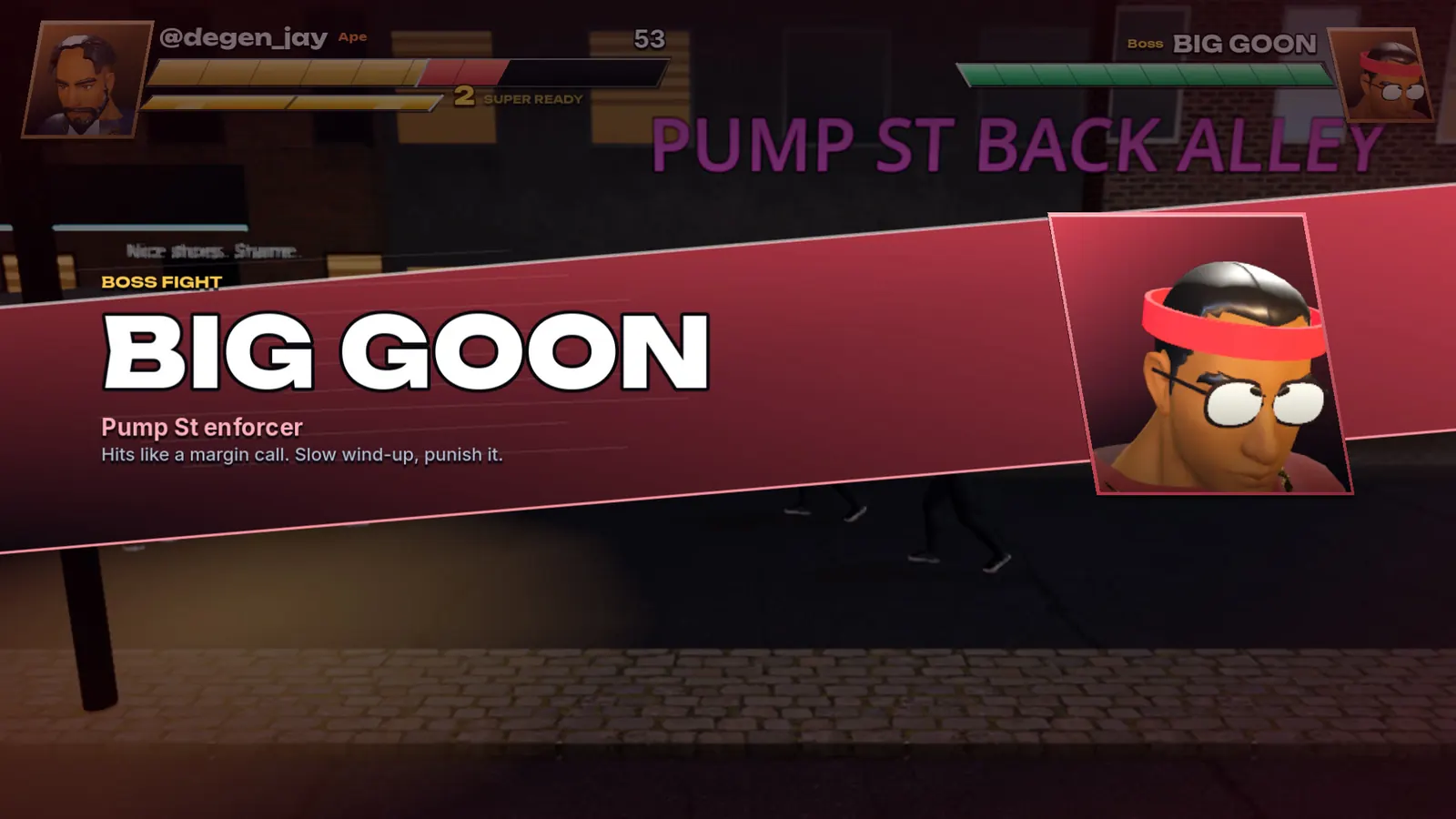 Boss fight intro: Big Goon, Pump St enforcer