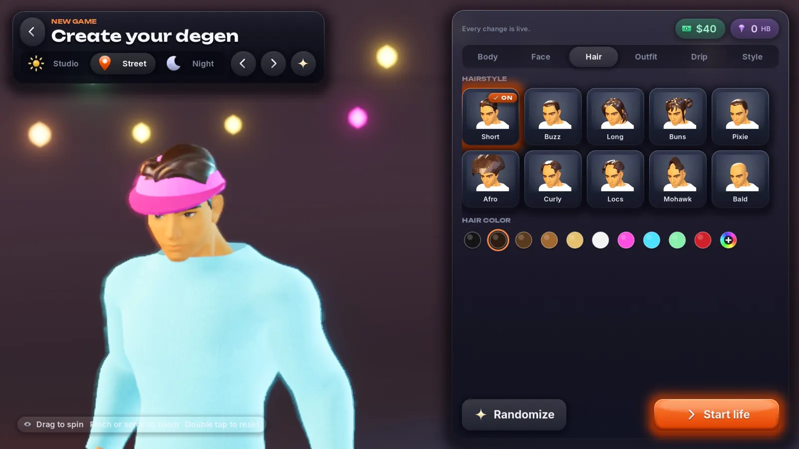 Character creator hair tab