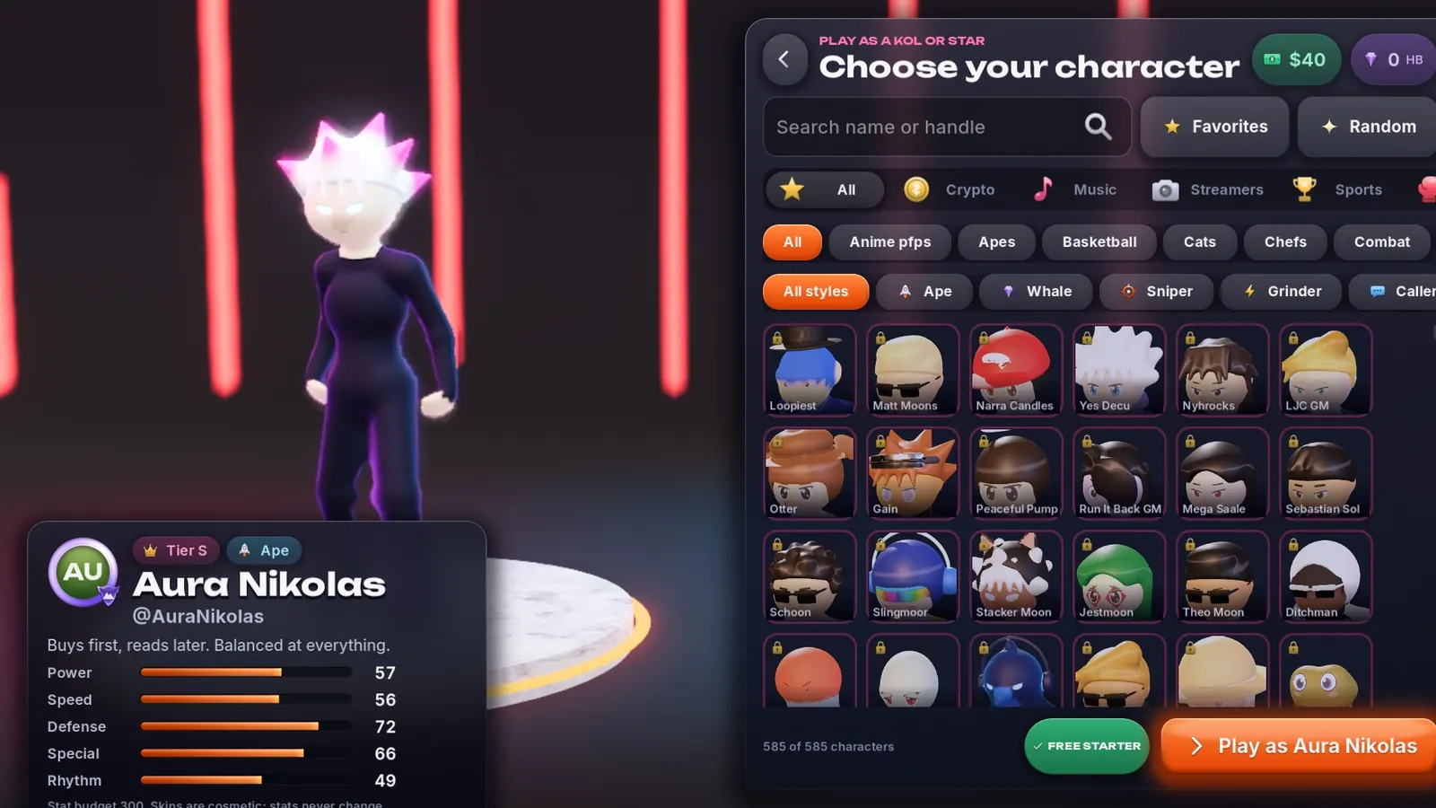 KOL select screen with a character on stage