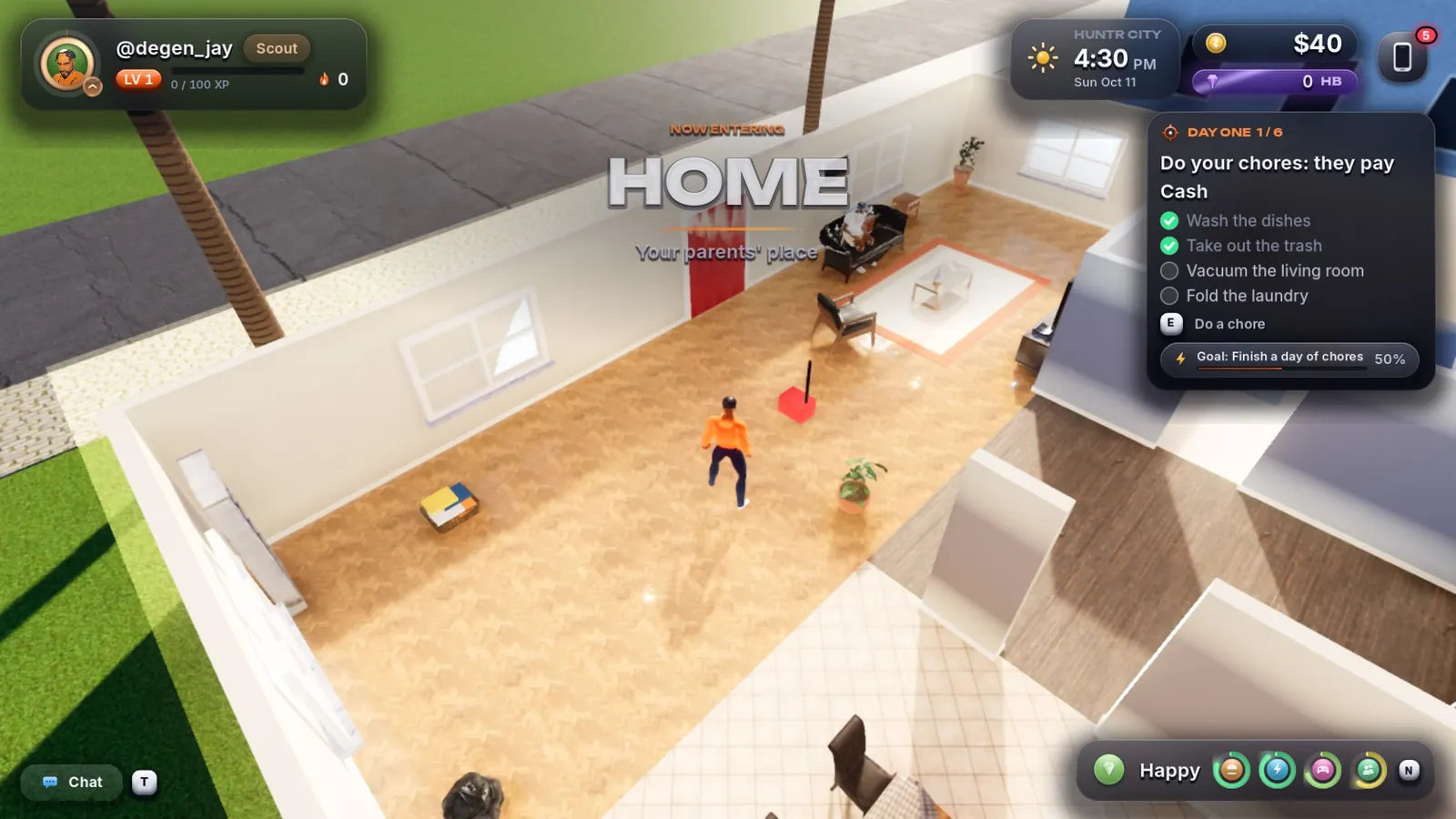 Player doing chores in the parents' house, objective tracker on screen
