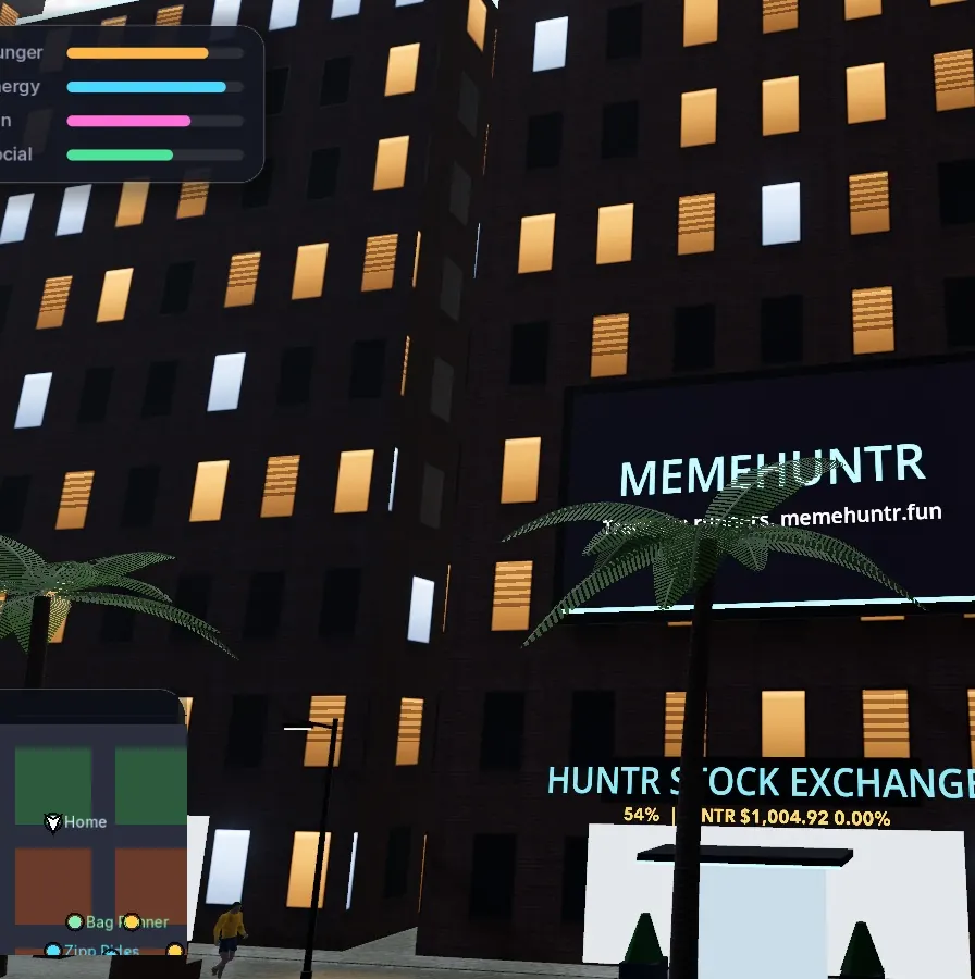 MemeHuntr tower lit up in Midtown at night