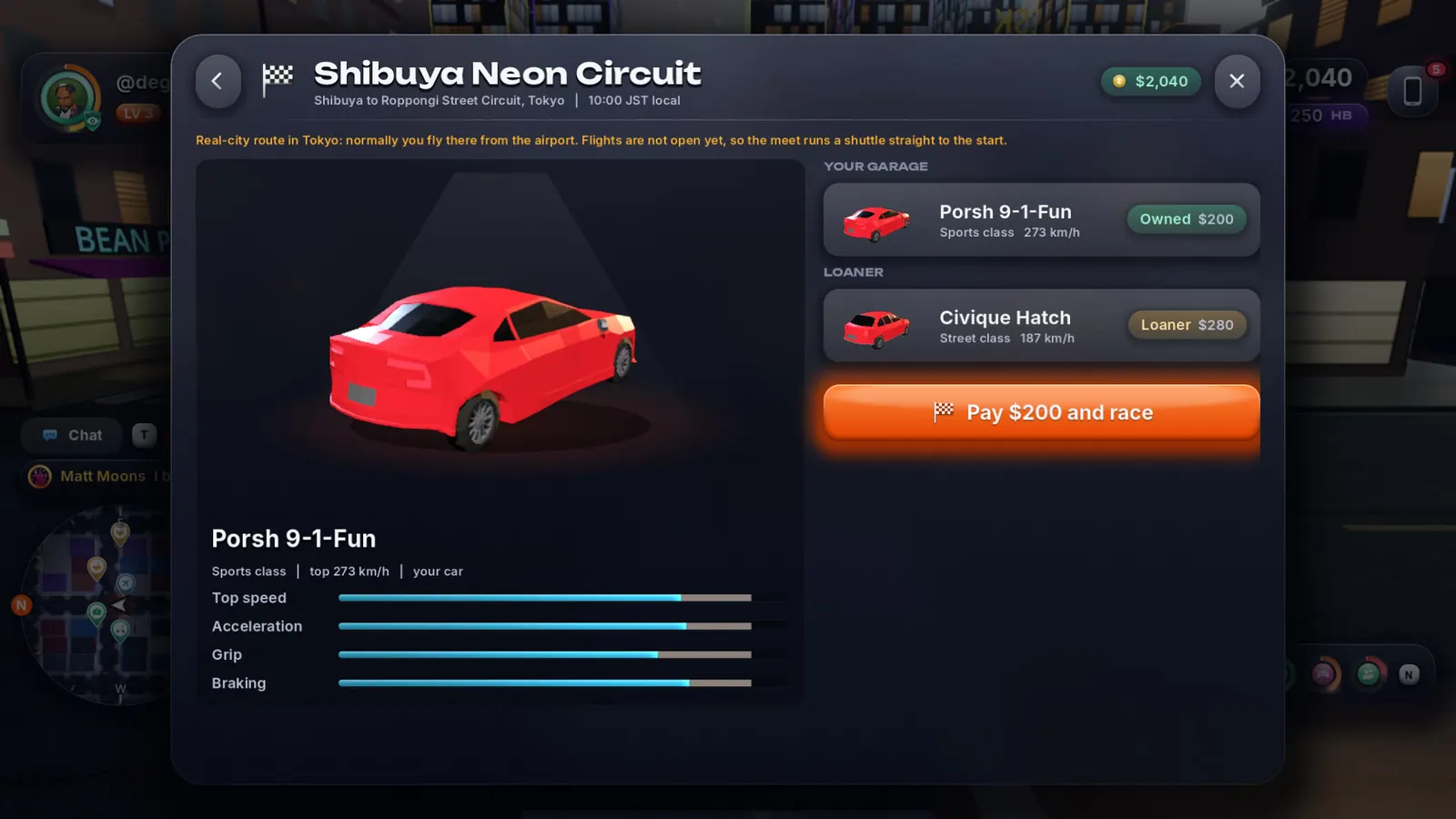 Race lobby: choose your car