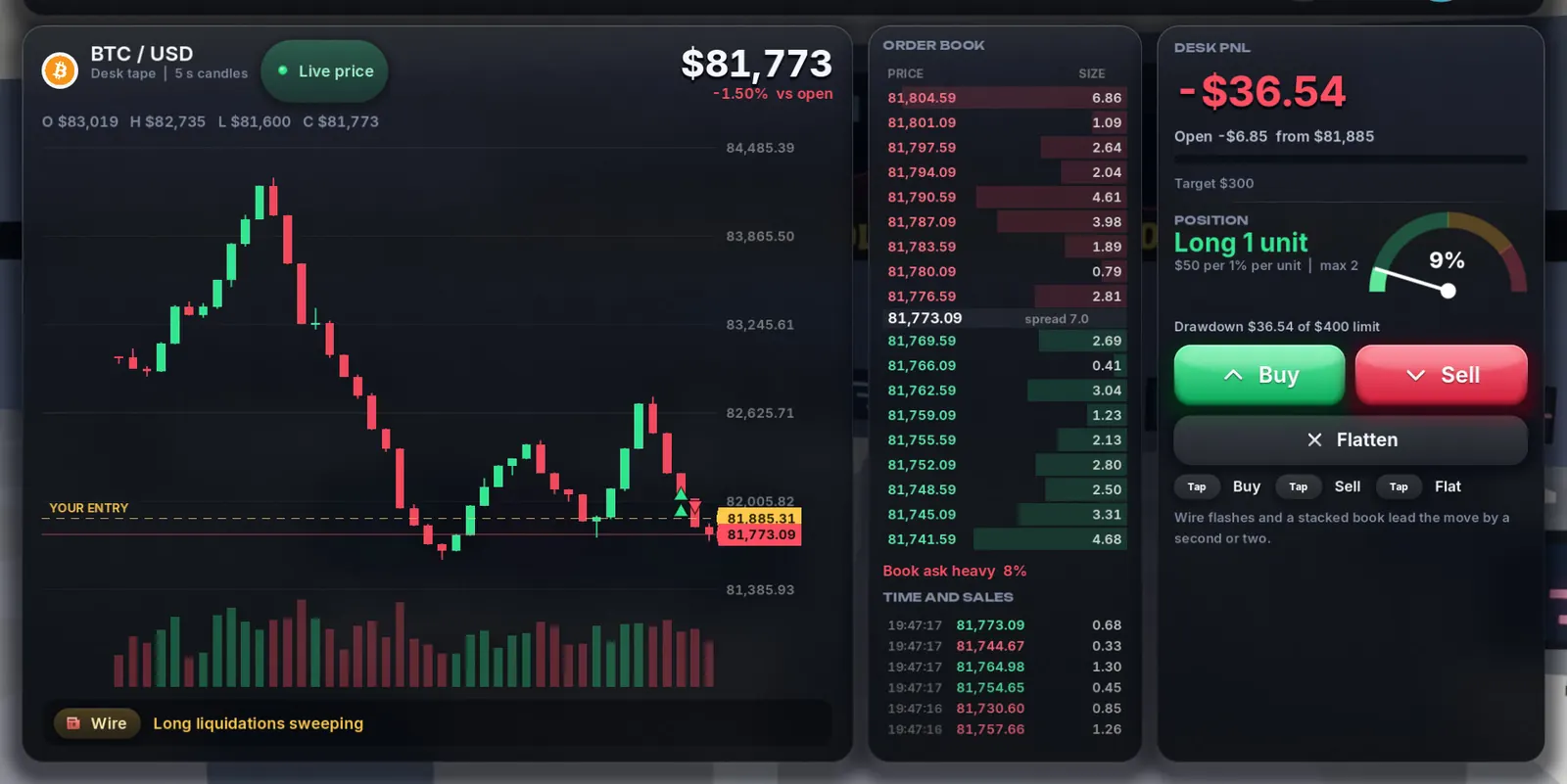 Trading intern shift: live candles, order book and position